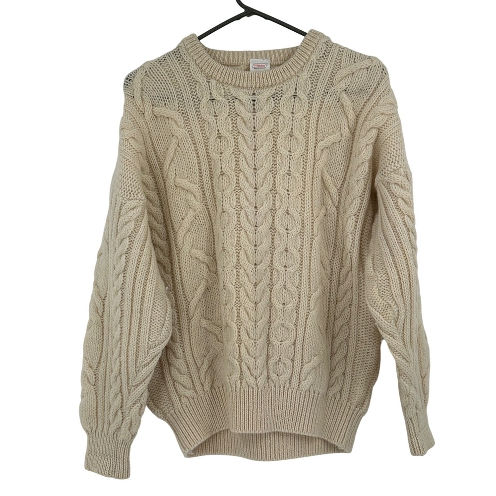 St Michael VTG Pure British Wool Cable Knit Fisherman Sweater 36 Cream UK Made